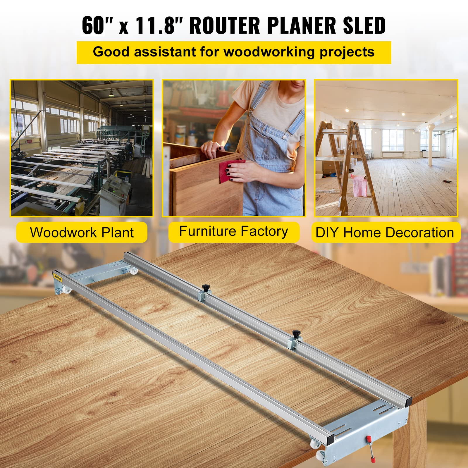 VEVOR Router Sled, 60 inches / 152.4cm Width, Slab Guide Jig for Woodworking with Locking Function, Portable and Easy to Adjust, Trimming Planing Machine for Wood Flattening, Home DIY