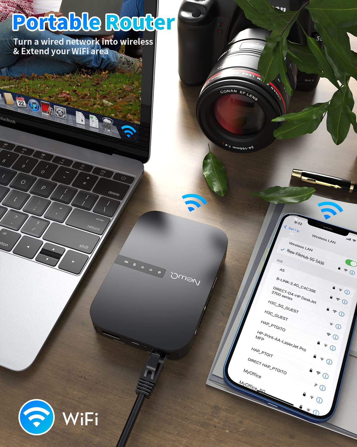 NewQ Filehub AC750 Travel Router: Portable Hard Drive SD Card Reader & Mini WiFi Range Extender for Travel | Wireless Access External Harddrive & USB Storage Device to Backup Photo & Files from iPhone