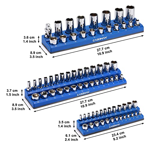 CASOMAN Magnetic Socket Organizer, 3 Piece Socket Holder Kit, 1/2-inch, 3/8-inch, 1/4-inch Drive, Holds 75 Metric Sockets, Blue Color, Professional Quality Tools Organizer, Socket Not Included