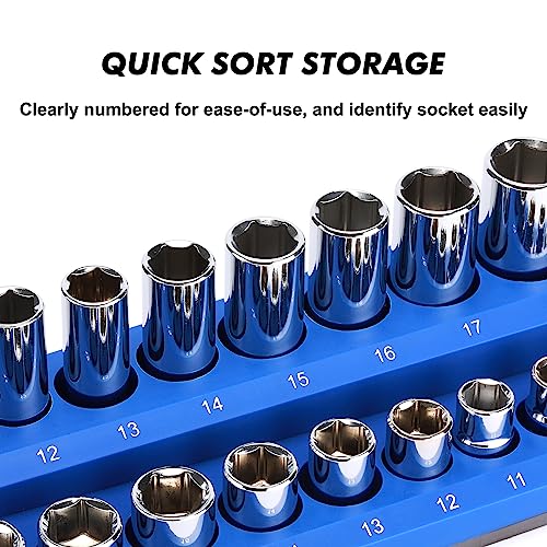 CASOMAN Magnetic Socket Organizer, 3 Piece Socket Holder Kit, 1/2-inch, 3/8-inch, 1/4-inch Drive, Holds 75 Metric Sockets, Blue Color, Professional Quality Tools Organizer, Socket Not Included