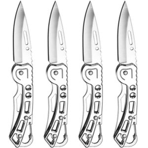 4 pack self-defense folding knife with key ring easy to everyday carry, outdoor survival stainless steel pocket knife (silver)