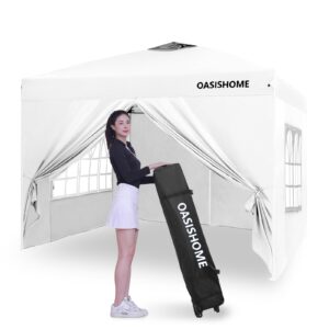 oasishome pop-up gazebo instant portable canopy tent 10'x10', with 4 sidewalls, windows, wheeled bag, for patio/outdoor/wedding parties and events (10ftx10ft, white)
