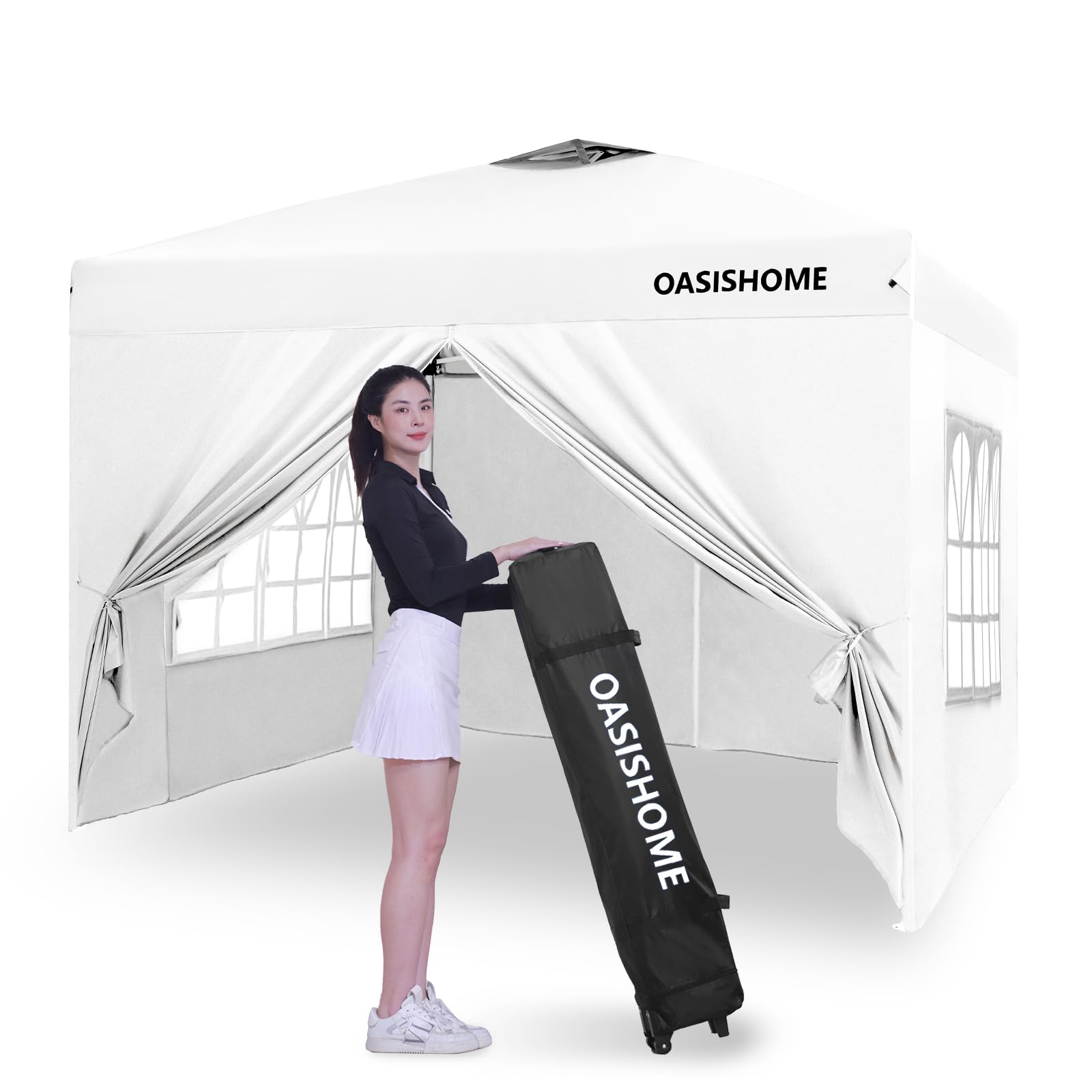 OASISHOME Pop-up Gazebo Instant Portable Canopy Tent 10'x10', with 4 Sidewalls, Windows, Wheeled Bag, for Patio/Outdoor/Wedding Parties and Events (10FTx10FT, White)