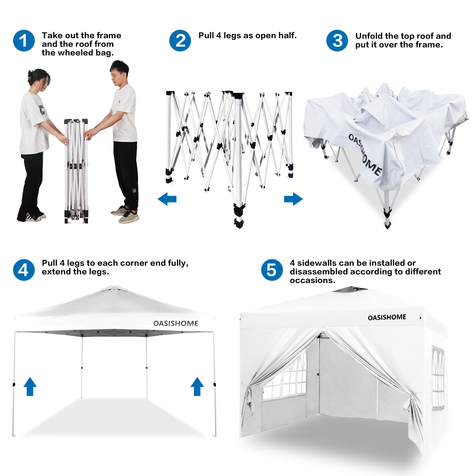 OASISHOME Pop-up Gazebo Instant Portable Canopy Tent 10'x10', with 4 Sidewalls, Windows, Wheeled Bag, for Patio/Outdoor/Wedding Parties and Events (10FTx10FT, White)