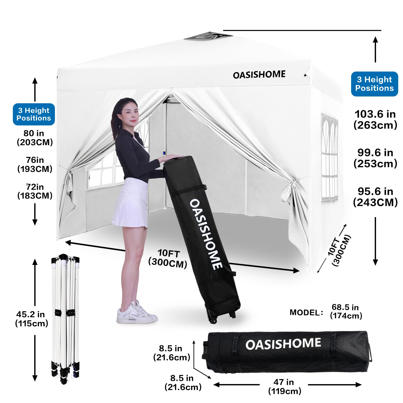 OASISHOME Pop-up Gazebo Instant Portable Canopy Tent 10'x10', with 4 Sidewalls, Windows, Wheeled Bag, for Patio/Outdoor/Wedding Parties and Events (10FTx10FT, White)