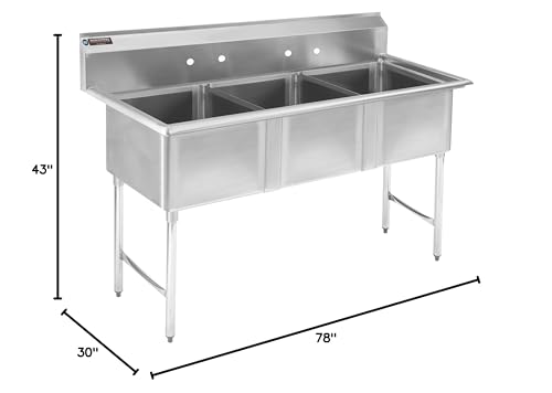 Stainless Steel Commercial Kitchen Sink - DuraSteel 3 Compartment Utility Sink w/Cross Bracing Legs - Triple 24" x 24" x 12" Bowl Size - For Restaurant, Laundry, Garage & Backyard - NSF Certified