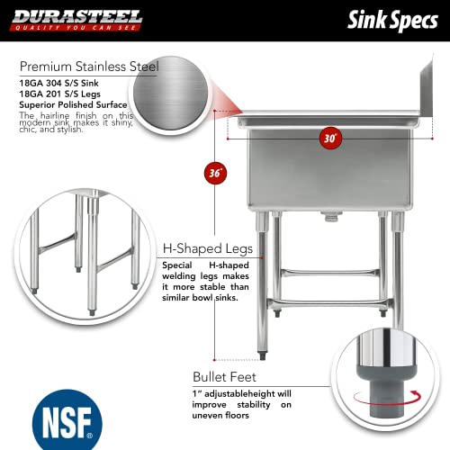 Stainless Steel Commercial Kitchen Sink - DuraSteel 3 Compartment Utility Sink w/Cross Bracing Legs - Triple 24" x 24" x 12" Bowl Size - For Restaurant, Laundry, Garage & Backyard - NSF Certified