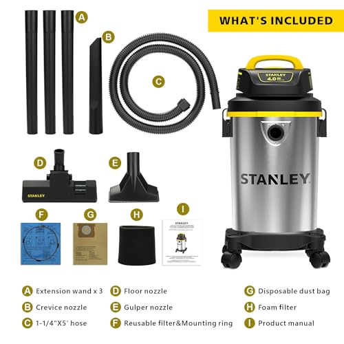 Stanley Wet Dry Vacuum 4 Gallon, 4 Peak HP Shop Vacuum Portable Stainless Steel Multifunction for Job Site, Garage, Basement, Workshop