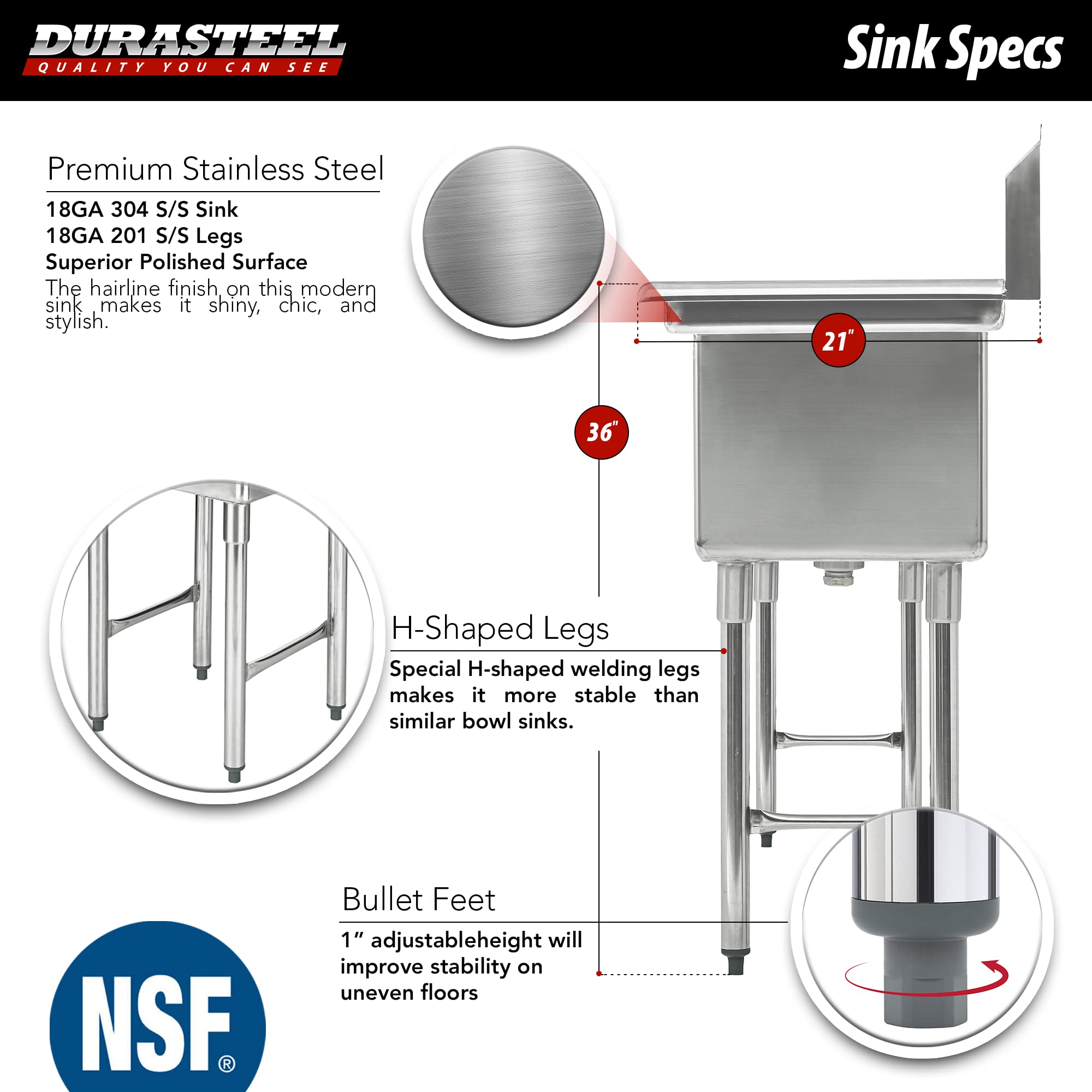 Stainless Steel Commercial Kitchen Sink - DuraSteel 3 Compartment Utility Sink w/Cross Bracing Legs - Triple 15" x 15" x 12" Bowl Size - For Restaurant, Laundry, Garage & Backyard - NSF Certified