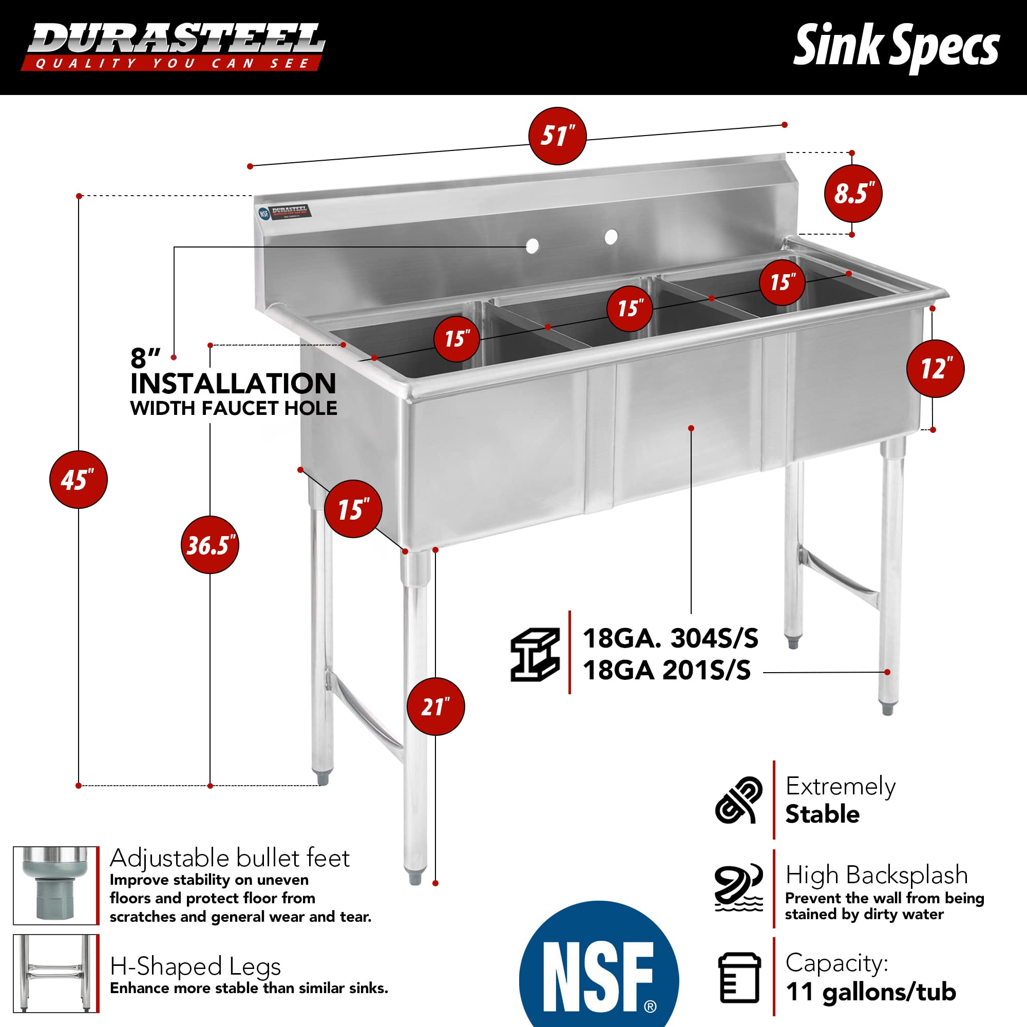 Stainless Steel Commercial Kitchen Sink - DuraSteel 3 Compartment Utility Sink w/Cross Bracing Legs - Triple 15" x 15" x 12" Bowl Size - For Restaurant, Laundry, Garage & Backyard - NSF Certified