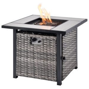 xizzi 30 inch gas fire pit table,50,000 btu stainless steel fire table with lid and volcanic rock, all weather wicker outdoor square propane fire pits for outside,30 * 30 * 25 inches grey wicker