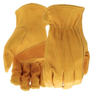 boss men's durable full-grain cowhide leather work gloves, abrasion resistant, keystone thumb, reinforced palm patch, tan, medium (b81001-m)