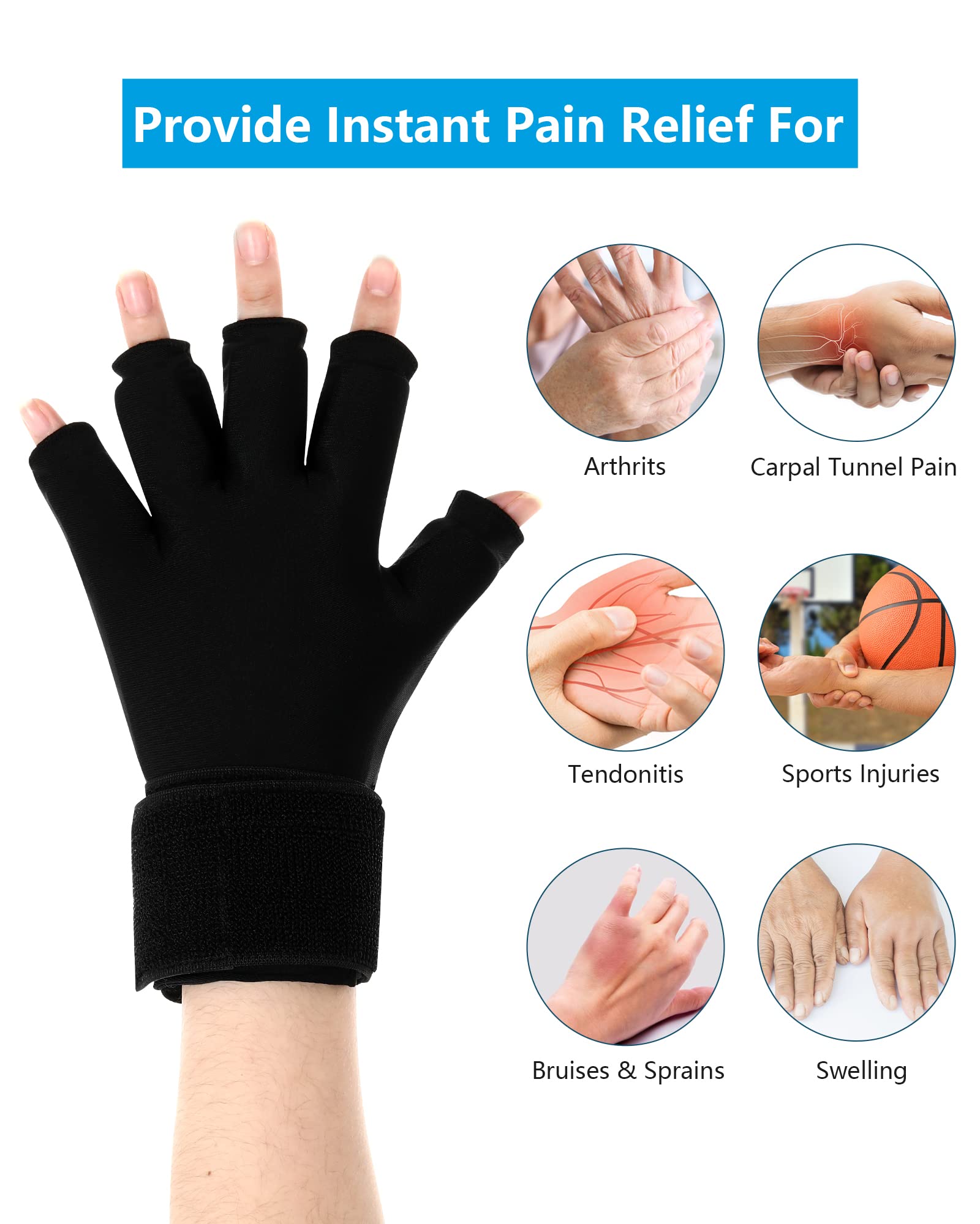 Luguiic Finger Arthritis Compression Ice Glove for Women and Men, Adjustable Wrist Strap Hand Wrist Ice Pack Pain Relief for Arthritis, Carpal Tunnel, Tendinitis Cold&Heat Therapy S Pack of ONE