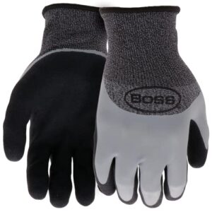 boss men's tactile barrier dual layer latex coated work gloves, water resistant, superior grip, tear resistant, gray/black, large (b32021-l)