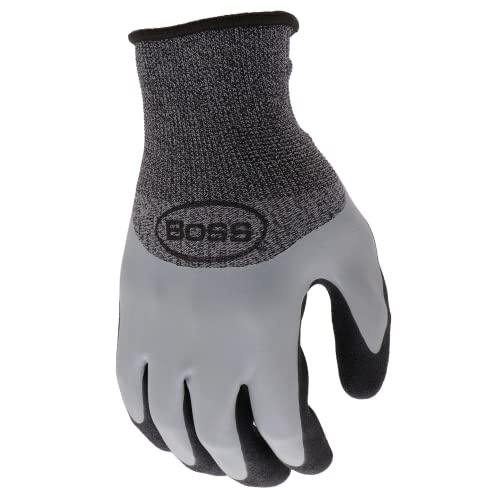 Boss Men's Tactile Barrier Dual Layer Latex Coated Work Gloves, Water Resistant, Superior Grip, Tear Resistant, Gray/Black, Large (B32021-L)