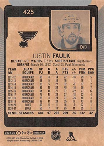 2021-22 O-Pee-Chee #425 Justin Faulk St. Louis Blues Official NHL Hockey Card From Upper Deck in Raw (NM or Better) Condition