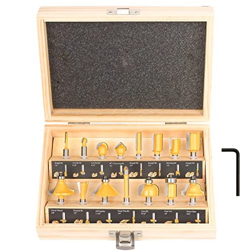 Router Bits Set 1/4 Inch Shank - Set of 15 Pieces, BAIDETS Tungsten Carbide Wood Router Bits, Woodwork Tools