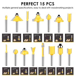 Router Bits Set 1/4 Inch Shank - Set of 15 Pieces, BAIDETS Tungsten Carbide Wood Router Bits, Woodwork Tools