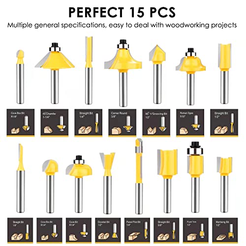 Router Bits Set 1/4 Inch Shank - Set of 15 Pieces, BAIDETS Tungsten Carbide Wood Router Bits, Woodwork Tools