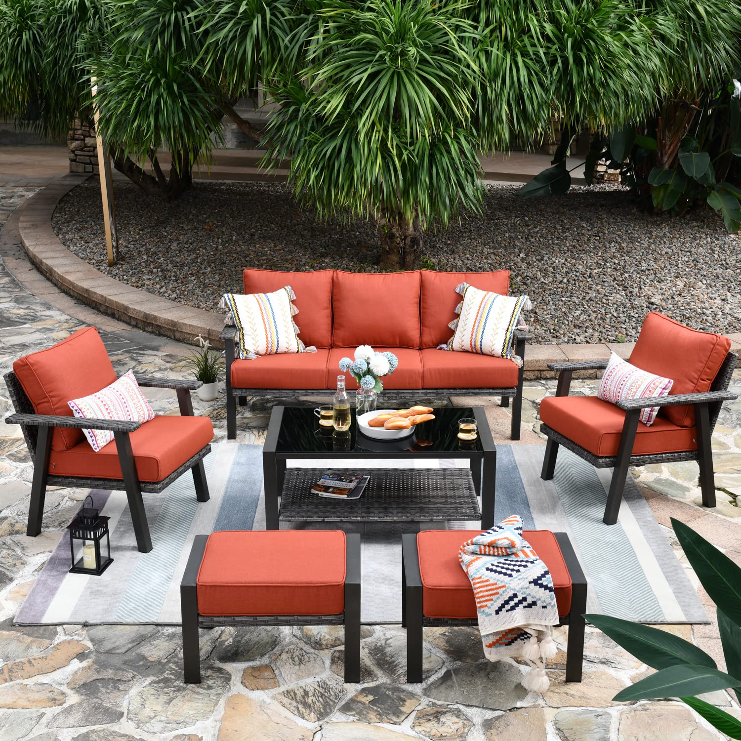 ovios Patio Furniture Set 6 Pieces All Weather Outdoor Wicker Rattan Sofa Set with Coffee Table Ottomans High Back Sofa Thick Cushion Garden Backyard Porch (Orange Red)