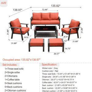 ovios Patio Furniture Set 6 Pieces All Weather Outdoor Wicker Rattan Sofa Set with Coffee Table Ottomans High Back Sofa Thick Cushion Garden Backyard Porch (Orange Red)