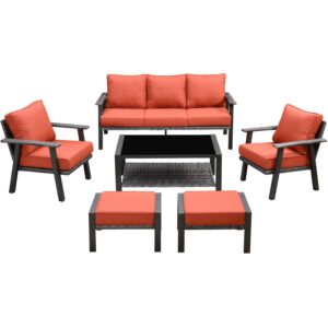 ovios Patio Furniture Set 6 Pieces All Weather Outdoor Wicker Rattan Sofa Set with Coffee Table Ottomans High Back Sofa Thick Cushion Garden Backyard Porch (Orange Red)