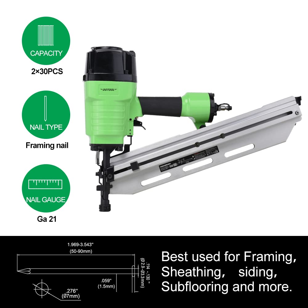 DOTOOL Framing Nail Gun 21 Degree 2-Inch to 3-1/2-Inch with Tool-Less Depth Adjustment Pneumatic Framing Nailer Air Nail Gun for Wall Sheathing, Siding Mount