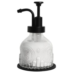 misaiyou mini clear glass soap dispenser for bathroom countertop and kitchen sink decoration,refillable liquid hand dish soap pump dispenser,black with clear glass, 3-3/8'' x 3-3/8'' x 5-3/4''