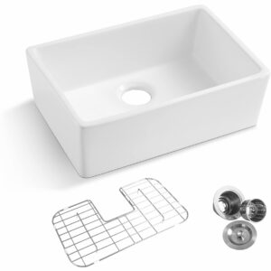 KARAMAG 24 Inch Farmhouse Kitchen Sink with Bottom Grid and Strainer, White Single Bowl Kitchen Sink Apron Front Ceramic Farm Sinks for Kitchens