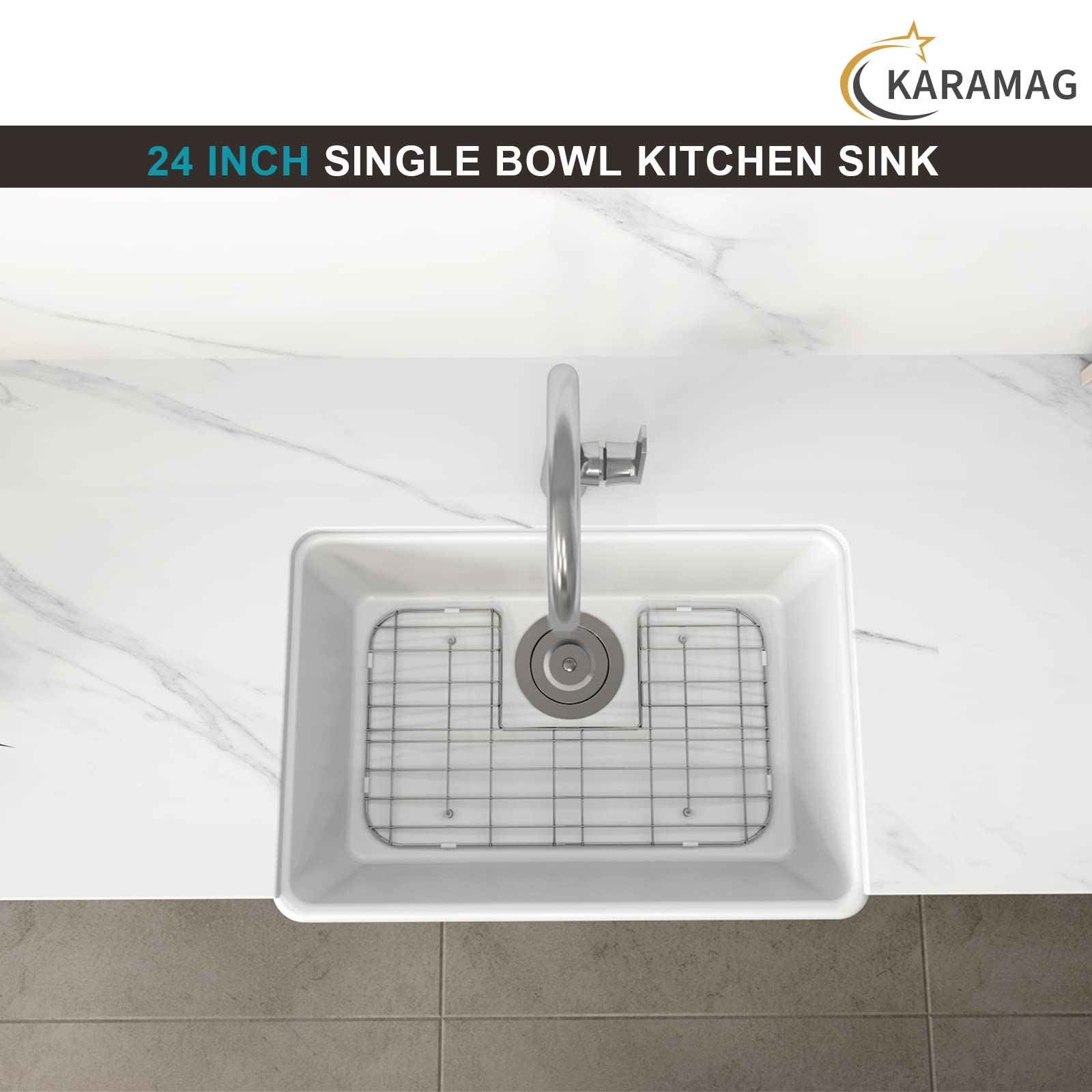 KARAMAG 24 Inch Farmhouse Kitchen Sink with Bottom Grid and Strainer, White Single Bowl Kitchen Sink Apron Front Ceramic Farm Sinks for Kitchens