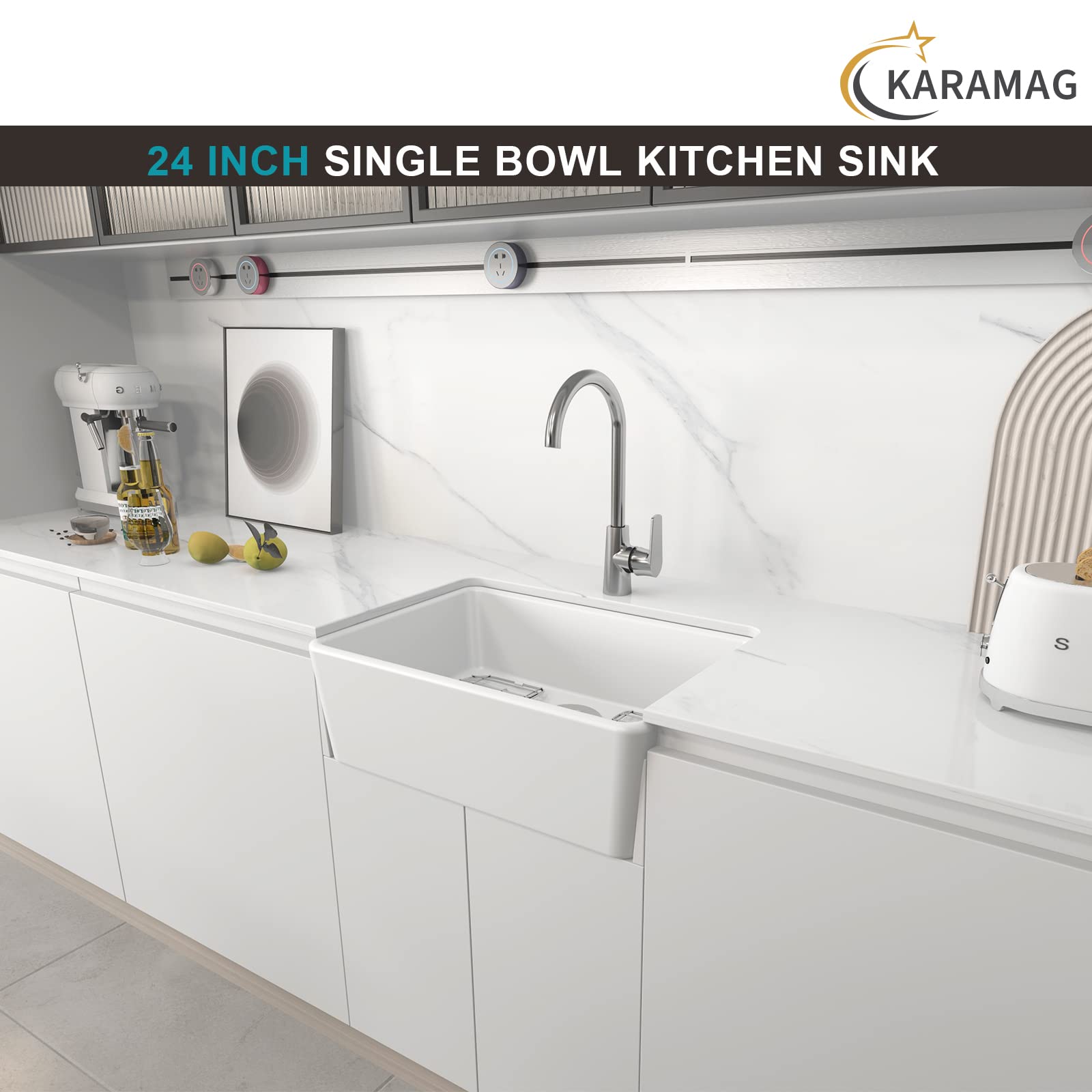 KARAMAG 24 Inch Farmhouse Kitchen Sink with Bottom Grid and Strainer, White Single Bowl Kitchen Sink Apron Front Ceramic Farm Sinks for Kitchens