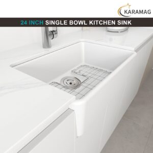 KARAMAG 24 Inch Farmhouse Kitchen Sink with Bottom Grid and Strainer, White Single Bowl Kitchen Sink Apron Front Ceramic Farm Sinks for Kitchens