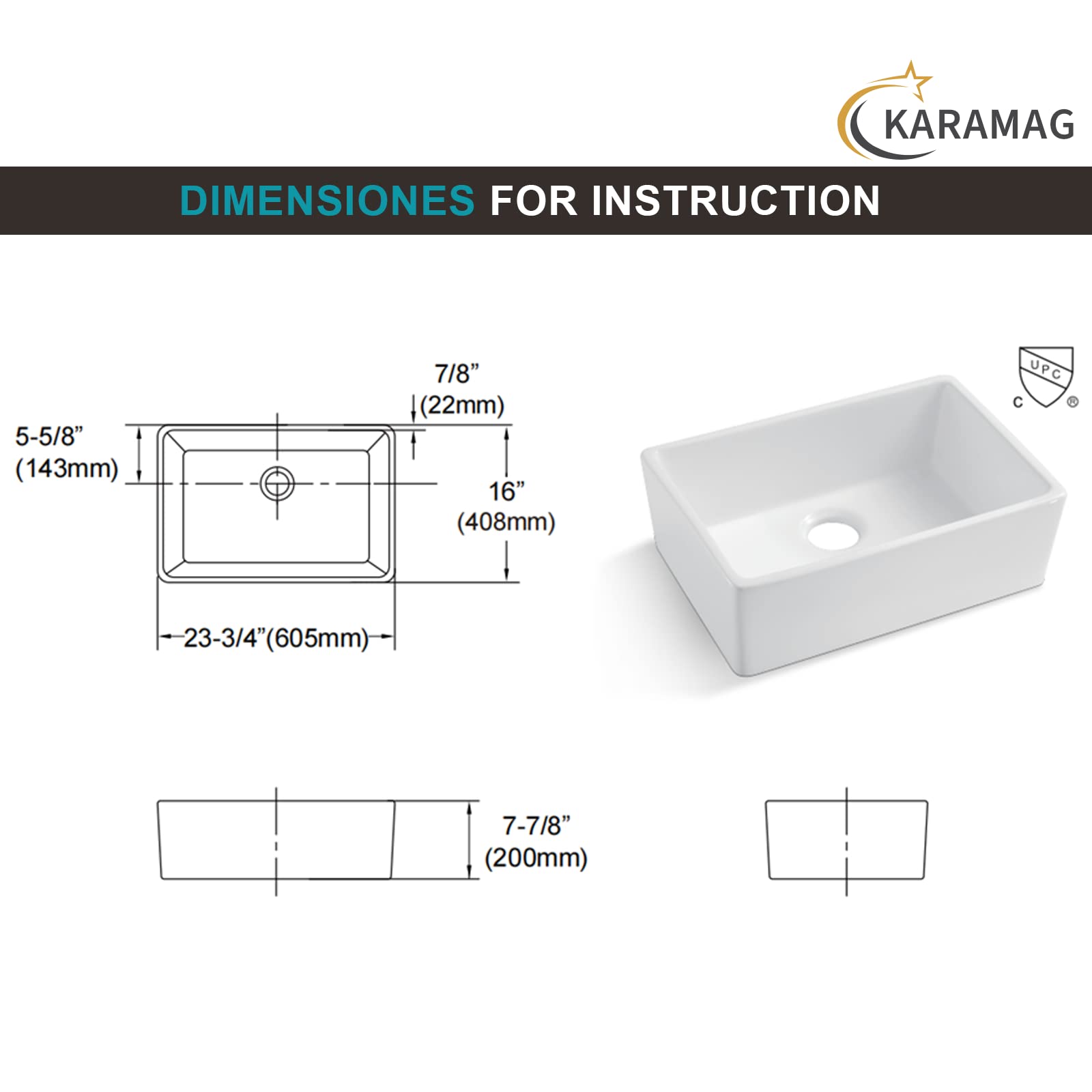 KARAMAG 24 Inch Farmhouse Kitchen Sink with Bottom Grid and Strainer, White Single Bowl Kitchen Sink Apron Front Ceramic Farm Sinks for Kitchens