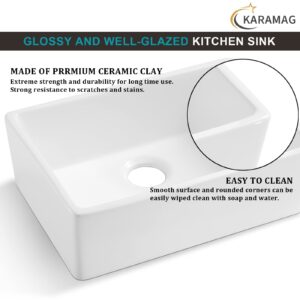 KARAMAG 24 Inch Farmhouse Kitchen Sink with Bottom Grid and Strainer, White Single Bowl Kitchen Sink Apron Front Ceramic Farm Sinks for Kitchens