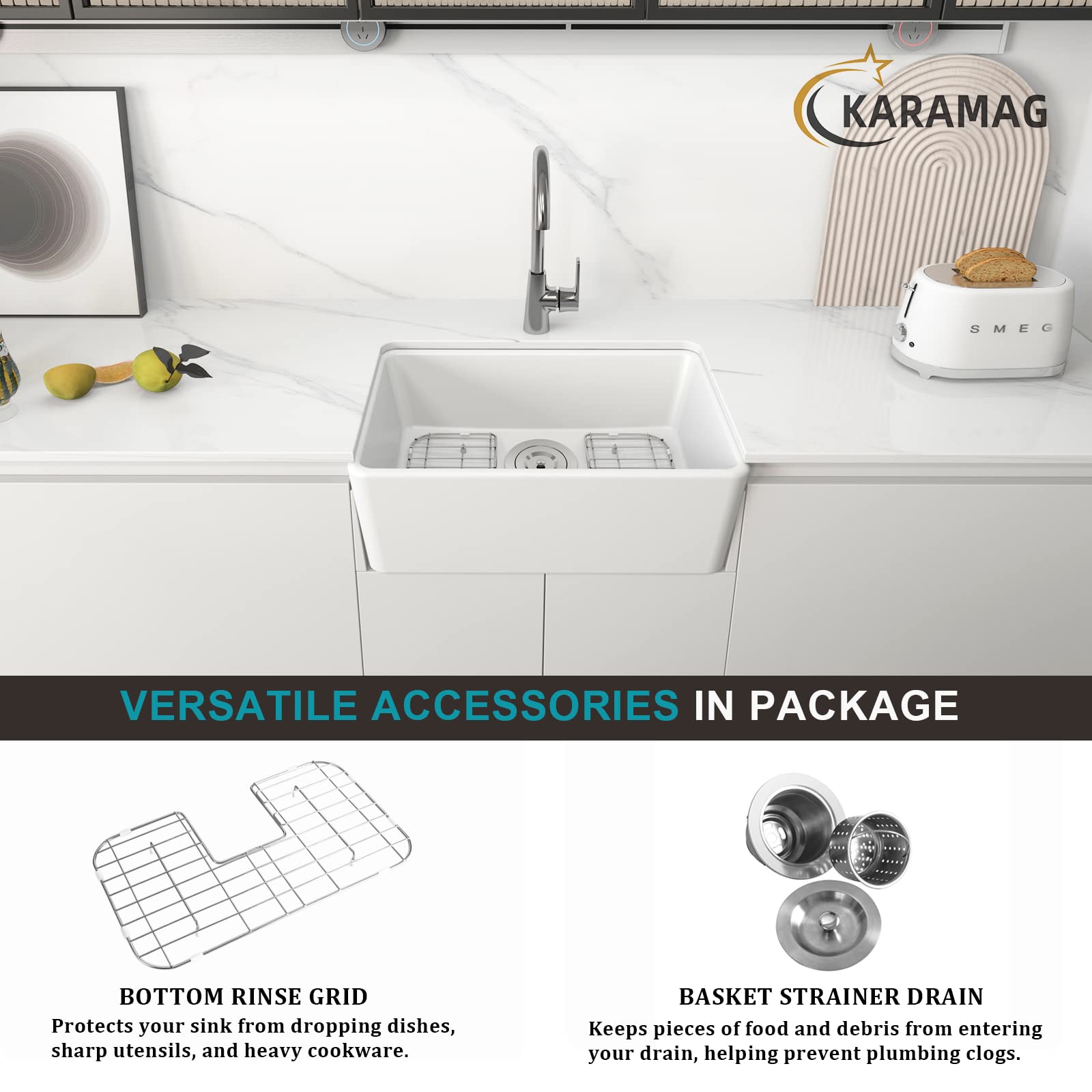 KARAMAG 24 Inch Farmhouse Kitchen Sink with Bottom Grid and Strainer, White Single Bowl Kitchen Sink Apron Front Ceramic Farm Sinks for Kitchens