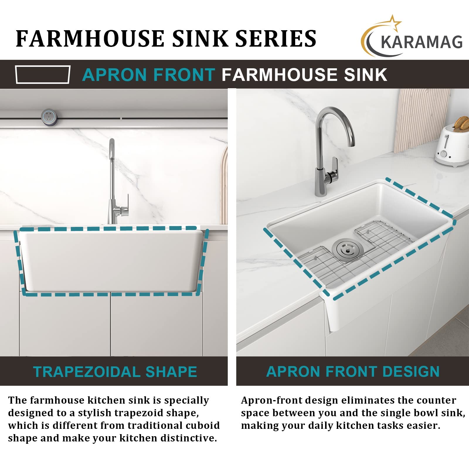 KARAMAG 24 Inch Farmhouse Kitchen Sink with Bottom Grid and Strainer, White Single Bowl Kitchen Sink Apron Front Ceramic Farm Sinks for Kitchens