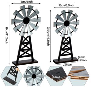 Set of 2 Wooden Farmhouse Windmill Table Top Decor Wood Small Distressed Windmill Table Decor Black Grey Rustic Windmill Themed Table Decor for Kitchen Garden Home Decor