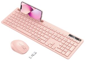 wireless keyboard and mouse for macbook, vivefox pink wireless keyboard with phone holder usb a & type c receiver rose gold keyboard and mouse for windows, mac, macbook/air/pro computer