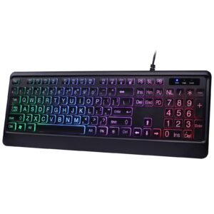 kopjippom backlit wired keyboard - large print computer keyboards with rainbow backlight, silent usb wired keyboard, light up keyboard for computer, pc, gaming - easy to see and type