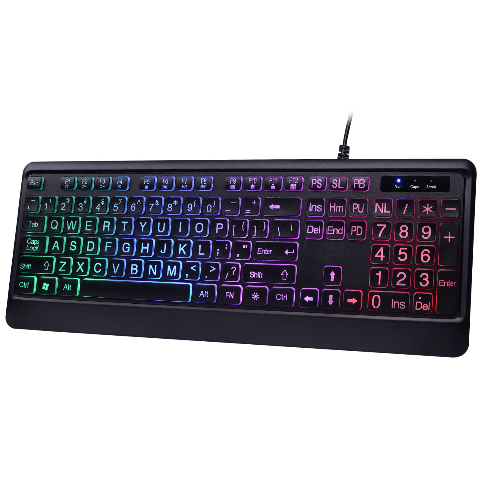 KOPJIPPOM Backlit Wired Keyboard - Large Print Computer Keyboards with Rainbow Backlight, Silent USB Wired Keyboard, Light Up Keyboard for Computer, PC, Gaming - Easy to See and Type