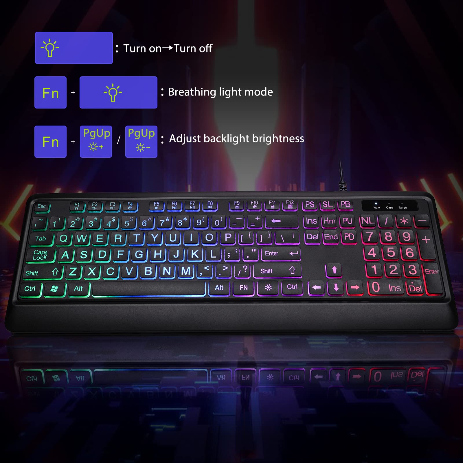 KOPJIPPOM Backlit Wired Keyboard - Large Print Computer Keyboards with Rainbow Backlight, Silent USB Wired Keyboard, Light Up Keyboard for Computer, PC, Gaming - Easy to See and Type