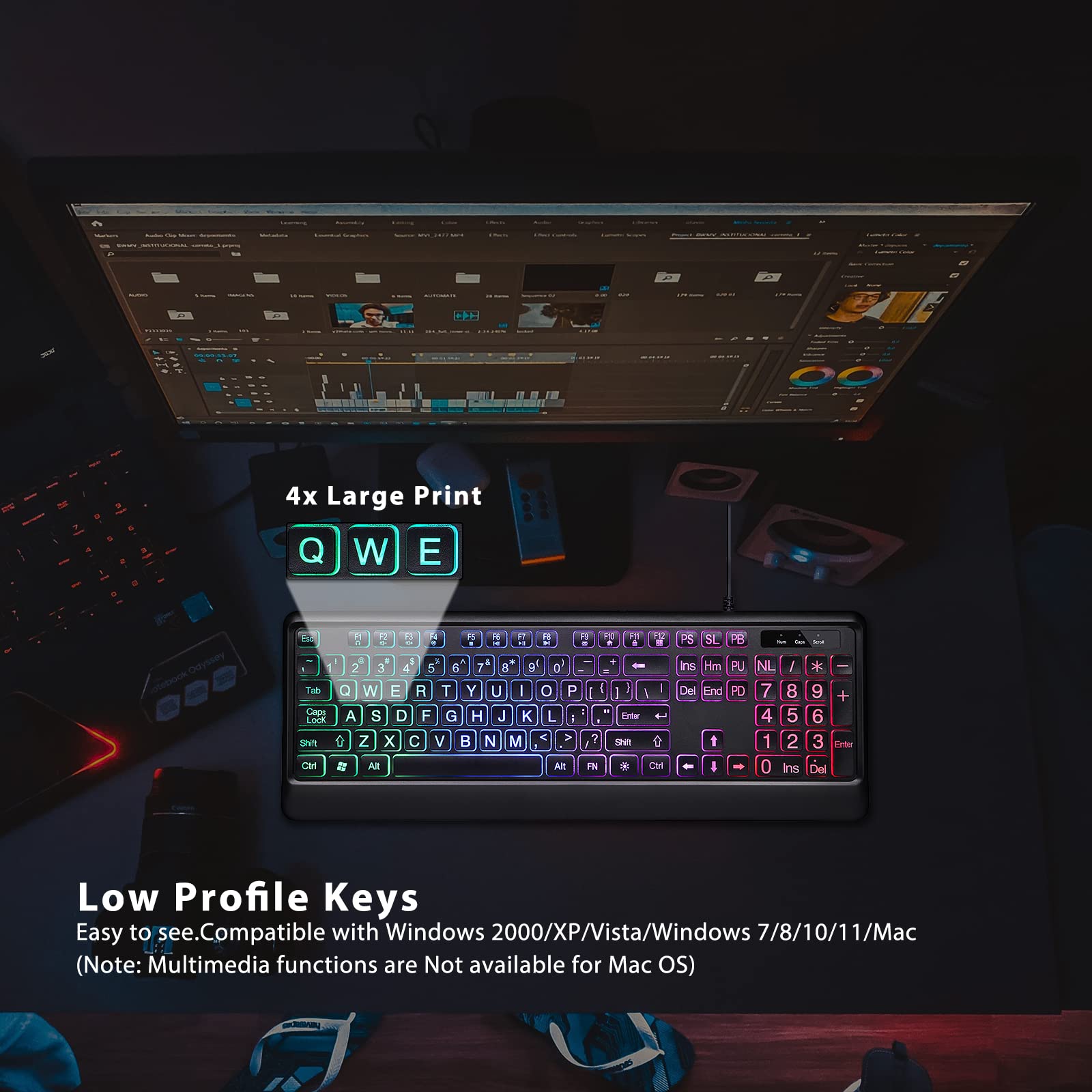 KOPJIPPOM Backlit Wired Keyboard - Large Print Computer Keyboards with Rainbow Backlight, Silent USB Wired Keyboard, Light Up Keyboard for Computer, PC, Gaming - Easy to See and Type