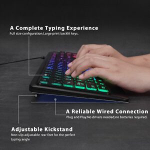 KOPJIPPOM Backlit Wired Keyboard - Large Print Computer Keyboards with Rainbow Backlight, Silent USB Wired Keyboard, Light Up Keyboard for Computer, PC, Gaming - Easy to See and Type