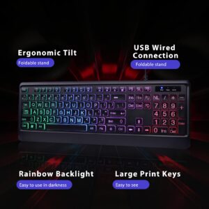 KOPJIPPOM Backlit Wired Keyboard - Large Print Computer Keyboards with Rainbow Backlight, Silent USB Wired Keyboard, Light Up Keyboard for Computer, PC, Gaming - Easy to See and Type