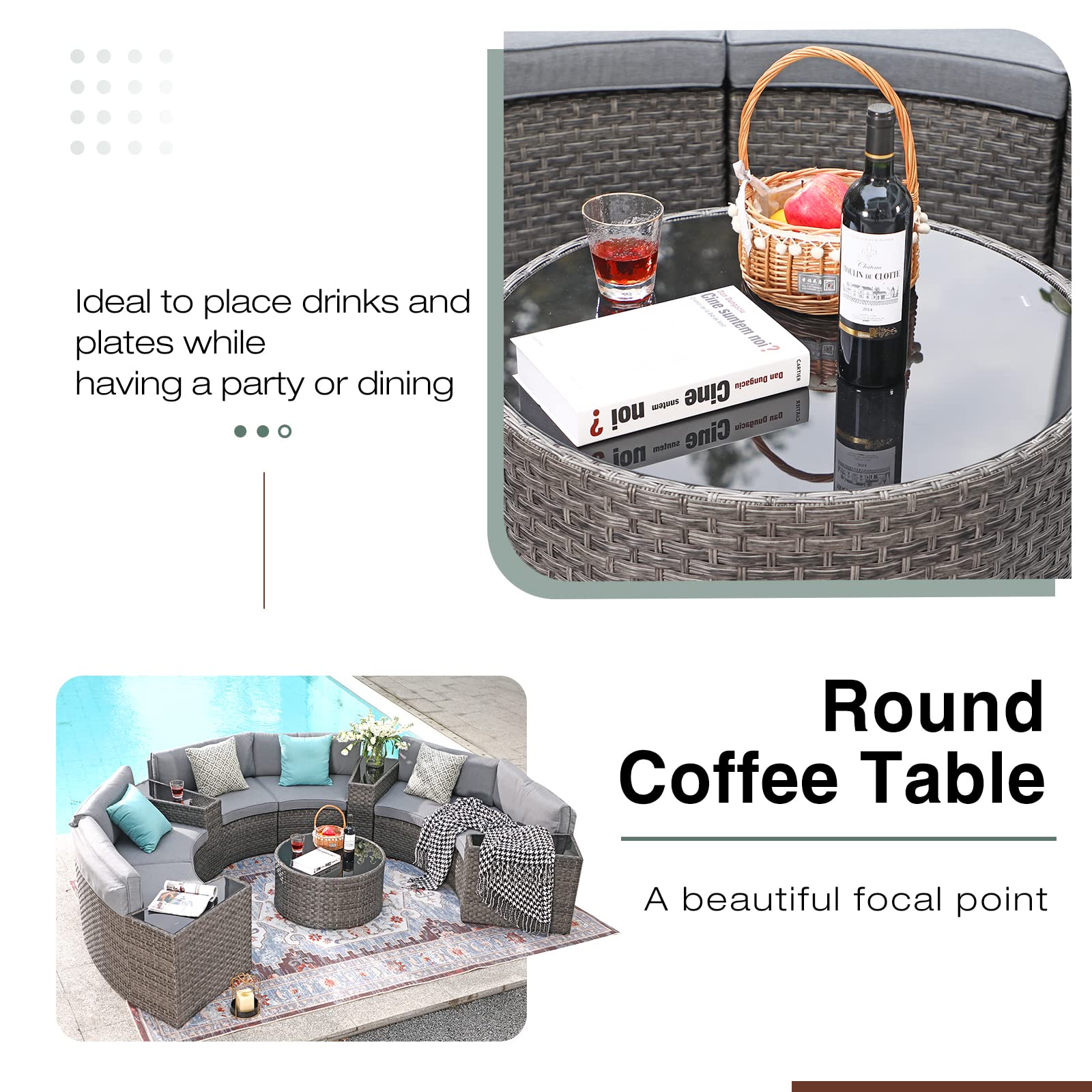 SUNSITT Outdoor Patio Furniture 11-Piece Half-Moon Sectional Round Set Curved Sofa with Tempered Glass Coffee Table, 4 Pillows, Grey Rattan