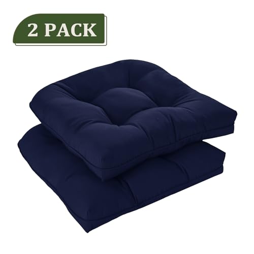 LOVTEX Indoor/Outdoor Tufted Seat Cushions for Patio Furniture Set of 2 Waterproof, 19x19 Navy Outdoor Chair Cushions - Overstuffed Patio Furniture Cushions for Wicker Chair with Round Corner