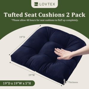 LOVTEX Indoor/Outdoor Tufted Seat Cushions for Patio Furniture Set of 2 Waterproof, 19x19 Navy Outdoor Chair Cushions - Overstuffed Patio Furniture Cushions for Wicker Chair with Round Corner