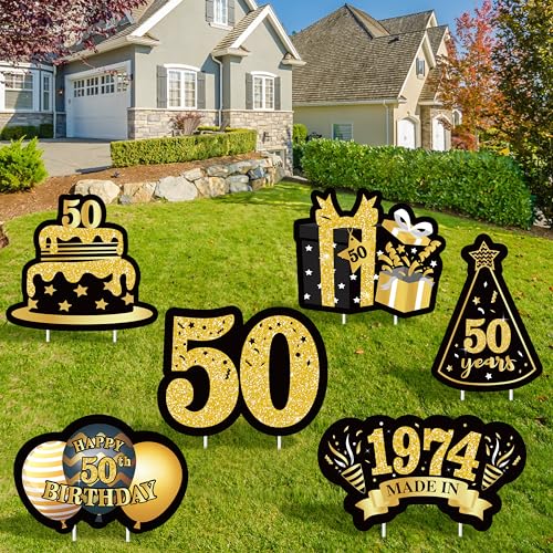 JAPBOR 6PCS Happy 50th Birthday Yard Sign, Black Gold Shiny 50th Lawn Signs with Stakes, Cheers to 50 Years Old Bday Outdoor Lawn Decorations, Women Men 1973 Party Yard Anniversary Decor Supplies