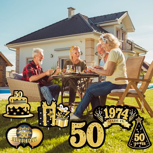 JAPBOR 6PCS Happy 50th Birthday Yard Sign, Black Gold Shiny 50th Lawn Signs with Stakes, Cheers to 50 Years Old Bday Outdoor Lawn Decorations, Women Men 1973 Party Yard Anniversary Decor Supplies