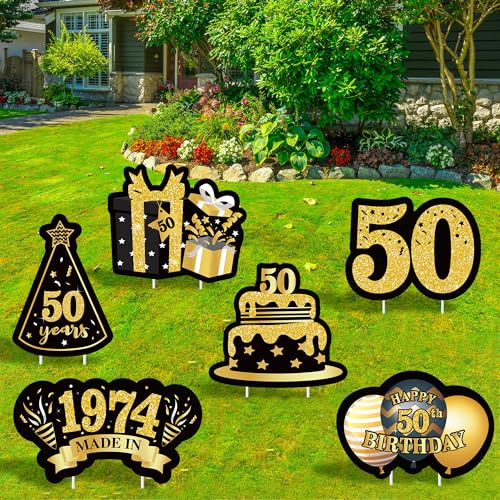 JAPBOR 6PCS Happy 50th Birthday Yard Sign, Black Gold Shiny 50th Lawn Signs with Stakes, Cheers to 50 Years Old Bday Outdoor Lawn Decorations, Women Men 1973 Party Yard Anniversary Decor Supplies